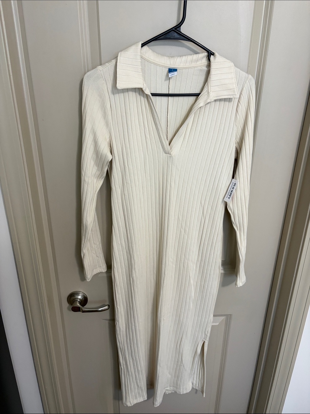 Old Navy Cream Ribbed Long-Sleeve Midi Dress